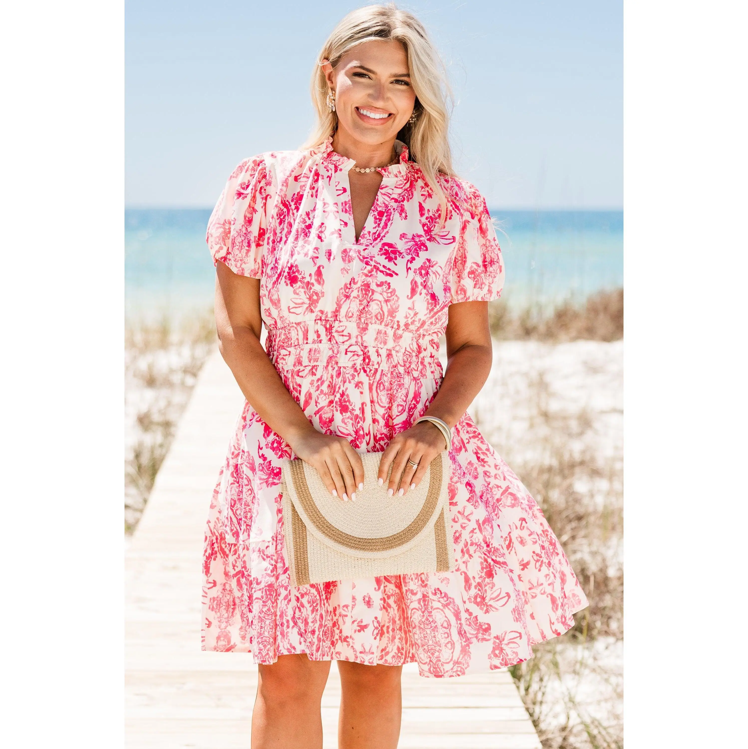 Women's Casual Smocked Dress in Floral Polyester with a V-Neck, Short Puff Sleeves and Pockets, Casual Wear, Elastic, 100% Polyester Casual Dresses