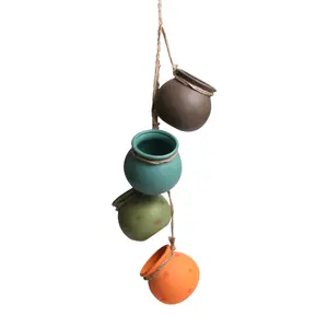 Dangling Southwest Desert Color Ceramic 4 Pot Set, Wall or Ceiling Mount Hanging Mini Flower Planters