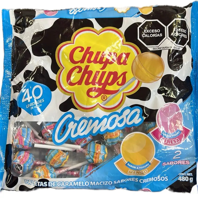 Chupa Chups Crenosa Lollipops 40 ct - 480g - Snack Candy with 2 Sweets and 40 Unidentified Caramel Macaro-Wrapped Chips