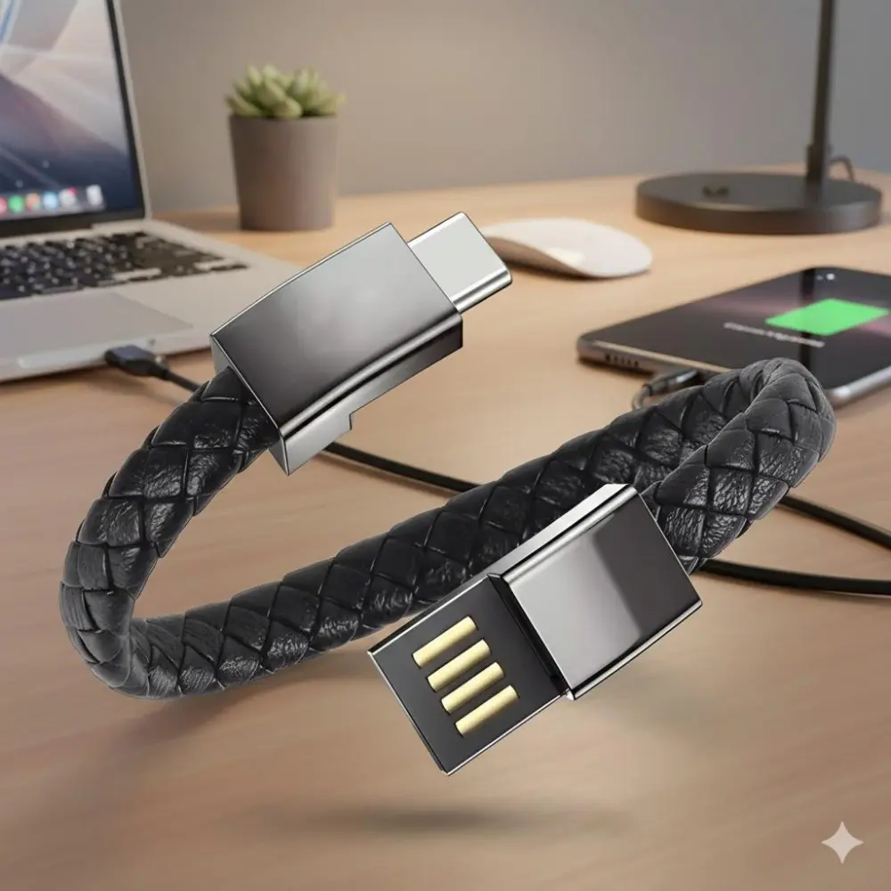 Creative Wearable Charging Bracelet: Durable Leather-Woven Type-C Fast Charging Cable Fits Charger | Portable Wristband Charger for On-the-Go Power | Stylish & Practical Phone Accessory Phone Charging Accessories