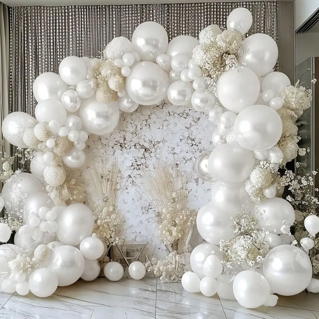 92pc Multi-Size Pearl White Latex Garland Balloon Decor Set with Glue Dots & Connectors, Compatible Decor for Weddings, Birthday Parties, Christmas, Housewarming, Decorative Letter Balloons