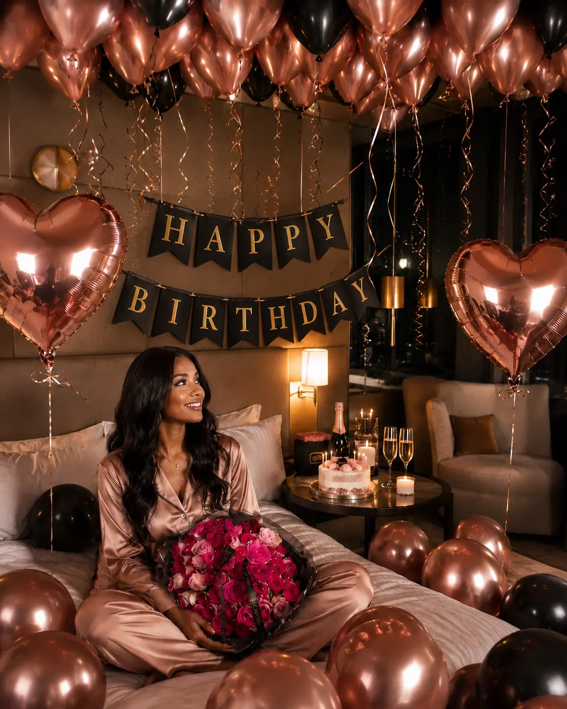 43pcs Rose Gold Happy Birthday Balloon Set, 16" Foil Letters, Heart-Shaped & Black Latex Balloons, Birthday Banner & Party Decorations, Wedding, Graduation, Engagement, Women's Birthday Party Supplies