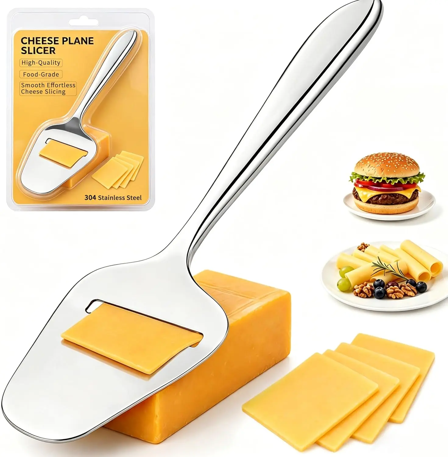 Premium Stainless Steel Cheese Slicer, Nonstick Cheese Plane Shaver for Even Slices, Handheld Spatula Cheese Cutter for Block Cheese Semi-Soft & Semi-Hard, Daily Kitchen Use, Dishwasher Safe