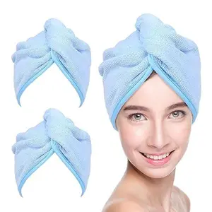 2 Counts Microfiber Hair Towel Wrap -  Blue Hair Head Drying Turban Curly Fast Absorbent Dry Anti Frizz Twist Plopping Long Shower Turban for Women with Button