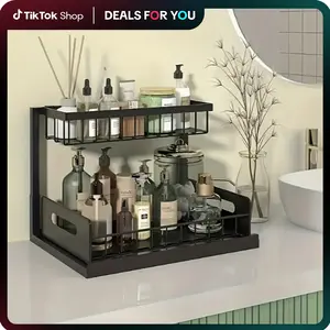 Double-Tier Under-Sink Rack & Storage Organizer Sliding Pull-Out Metal Cabinet Shelf for Kitchen Bathroom Pantry & Closet Organization Modern Decorative Home Interior