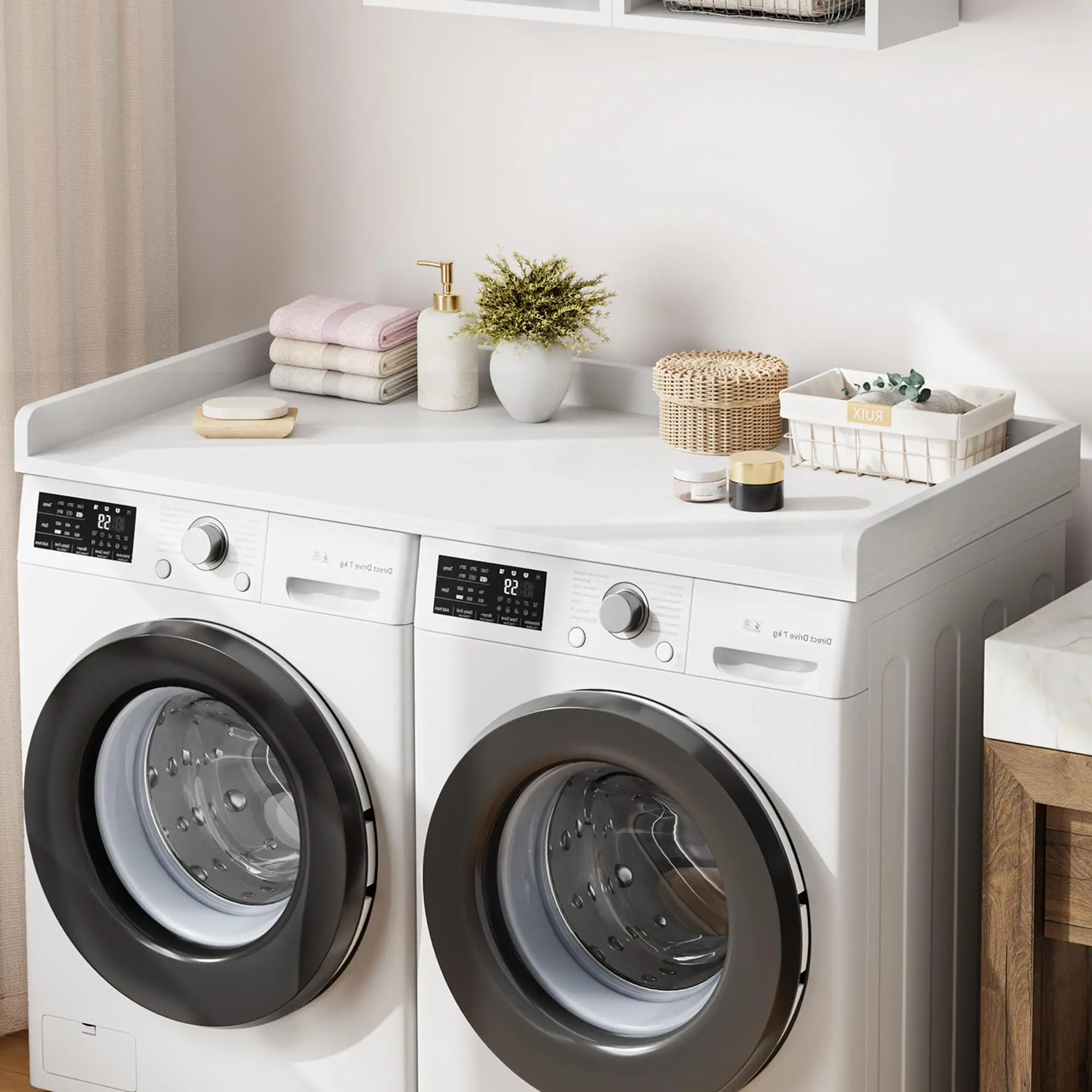 Garvee 54.3" x 27.6" Wooden Washer Dryer Countertop with Edge Rails, Washer and Dryer Topper for Laundry Room Organization and Storage