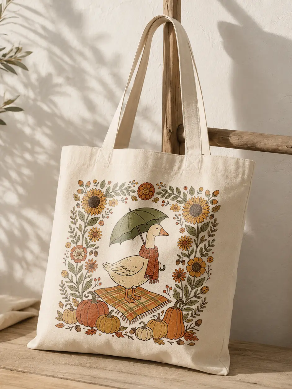 Autumn Goose with Umbrella Canvas Tote Bag Cottagecore Cozy Fall Aesthetic Beige Canvas Reusable Shopping Bag with Pumpkins Sunflowers Wreath Cute Silly Goose Holding Umbrella and Knit Scarf Eco-Friendly Vintage Tote