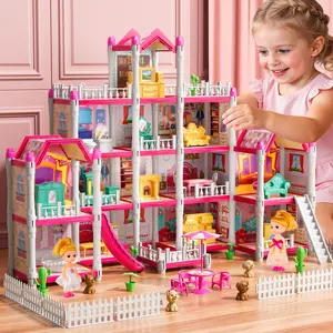 Pink Toys DIY Room Kits with Dolls & Figures Fully Furnished Fashion Villa Toy Pretend Building Set for Kids Playhouse Miniature House with Accessories Gifts