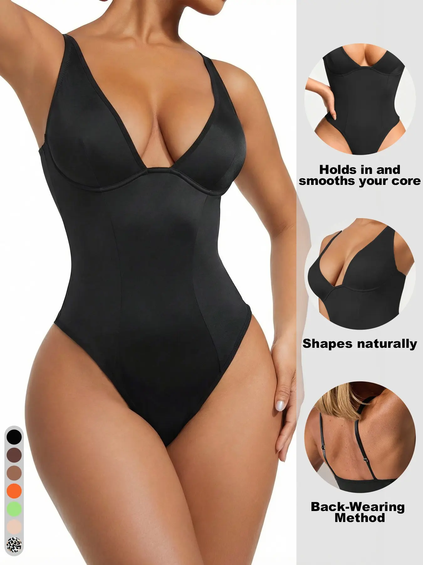 Women's Solid Color V-Neck Basic Fitted Shapewear Bodysuit, Slimming And Shaping, Smooth Fit, Underwear