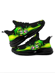 Men's Halloween Graphic Print Sneakers, Glow-in-the-Dark Skull and Green Liquid Design, Lightweight Athletic Running Shoes, Hollow Out Midsole Tech, Breathable Mesh Upper, Spooky Skeleton Theme, Perfect for All Seazon and Halloween Gift