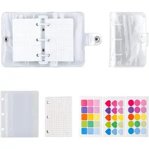 Mini Binder Pockets,3-Hole Refillable Notebook Accessories Set, Transparent PVC Loose-Leaf Notebook,Including 70 Internal Grid Pages+2 Storage Bags+12 Paper Cards+45 Note Tabs +1 Shell (White)