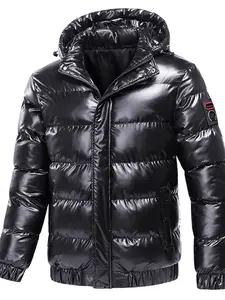 1pc Shiny Puffer Jacket Streetwear Style Hooded Water-Resistant Windproof Warm Insulation Zip-Up Ribbed Cuffs Glossy Winter Coat For Men Daily Commute Outdoor Activities
