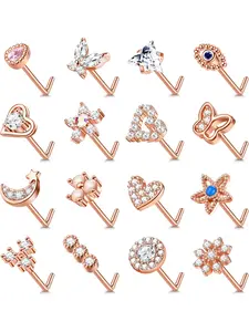 16Pcs Gold Nose Rings Studs for Women - 20G Surgical Steel Nose Ring L Shaped Nose Piercing Jewelry Hypoallergenic CZ Heart Nose Studs Silver Rose Gold Nose Rings Set