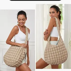 Womens' Lightweight Quilted Carryall GYM Tote Bag Puffer Crossbody Bag Soft Puffy Boho Handbags Big Capacity Purse Puffer Tote Bag Women Quilted Crossbody Bag Large Shoulder Puffy  Purse Cloud Bubble Gym Pleat Pad