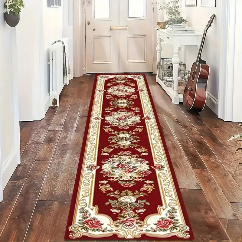 Gold Diamond Velvet Vintage European Red Printed Long Strip Mats, Luxury Nordic Villa Corridor Rugs, Soft Laundry Room Carpet, High Quality Suitable for Hotel Corridor Decoration Carpets