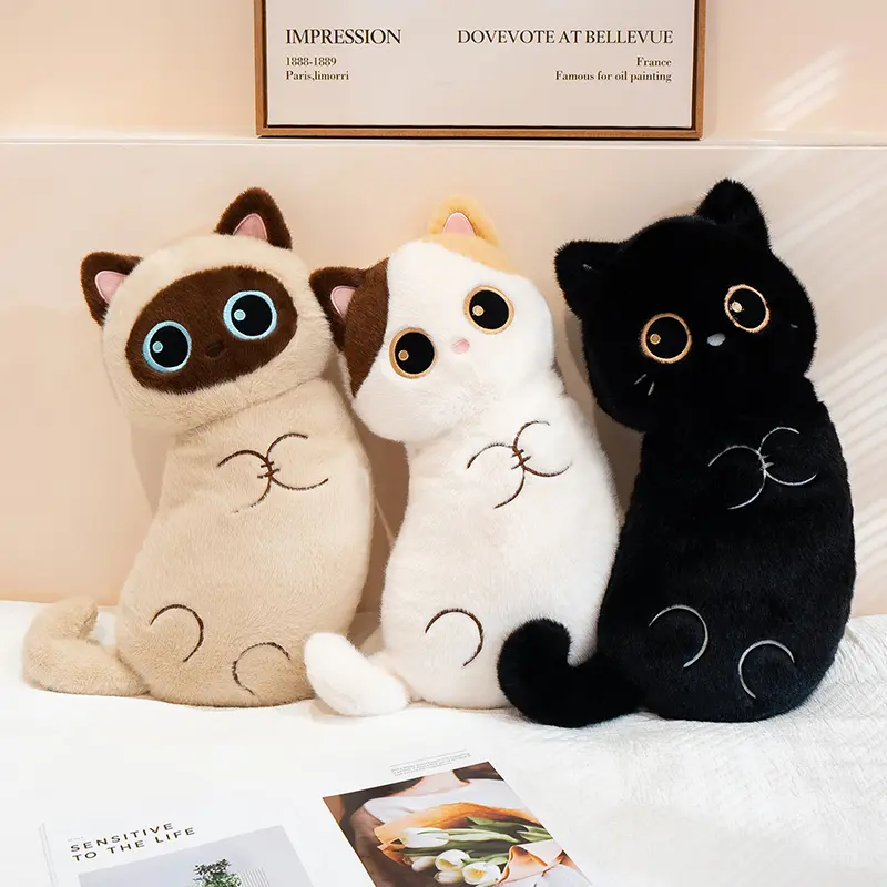 Long plush cat pillow — Siamese cat, black cat, tortoiseshell cat dolls; soft, cuddly sleeping cushion; home decor gift for girls and children
