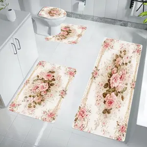 Vintage Pink Rose Floral Bathroom Rug Set 3/4 Pieces, Shabby Chic Non Slip Bath Mat, Soft Absorbent Microfiber Bathroom Mats with Toilet Lid Cover for Bathroom, Shower, Tub