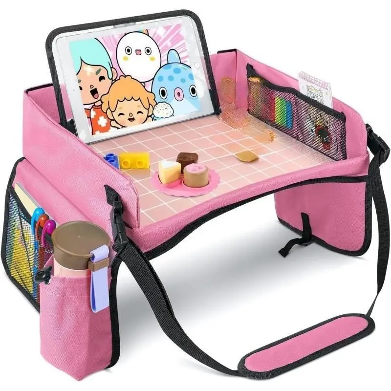 Portable Nylon Blend Car Travel Organizer Tray for Kids - Activity Table with Cup Holder, Food Tray, Grid Pocket, Mesh Pocket for Long-Distance Road Trips