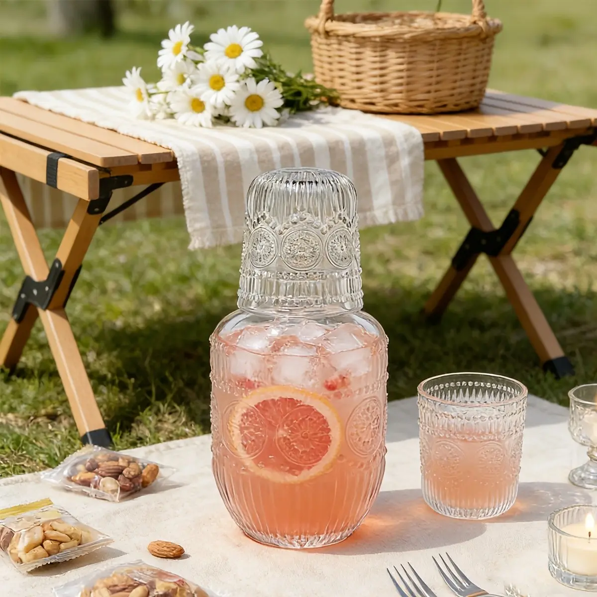 1 Set Crystal Bedside Carafe Set with Cup - 17.75oz/525ml, Nighttime Hydration Essential Drinkware. Decorative & Functional, Perfect for Bedroom/Guest Room - Ideal Housewarming & Birthday Gift! Aesthetic