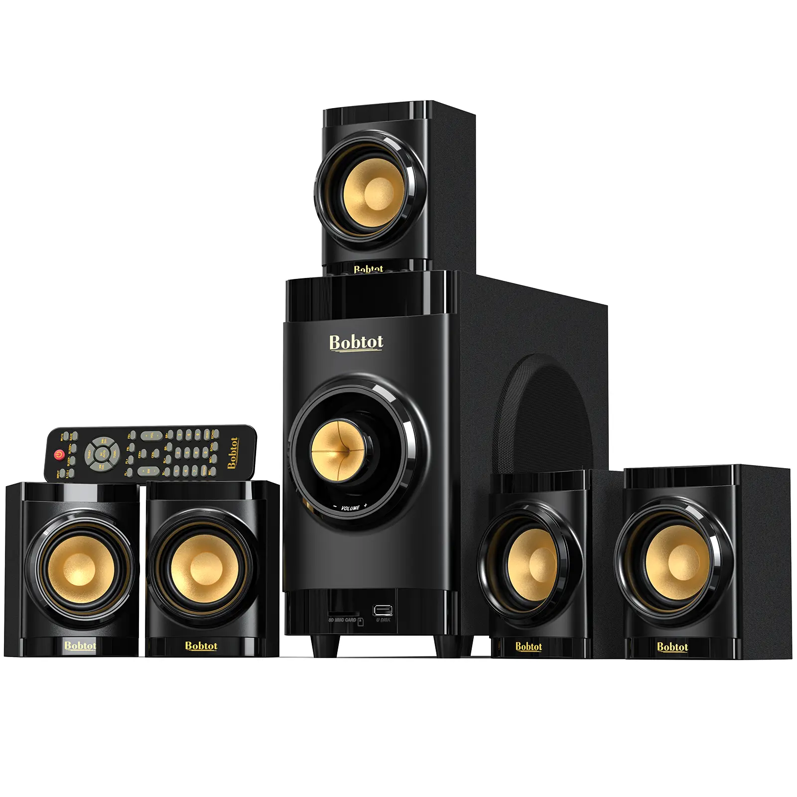 Bobtot B38 Small Subwoofer Home Cinema Sound System - 5 Wired Surround Sound Speakers, 4-in Subwoofer, 5W Amplifier, Built-in Receiver, Optical/HDMI ARC, Bluetooth Inputs for TV, Projector Audio
