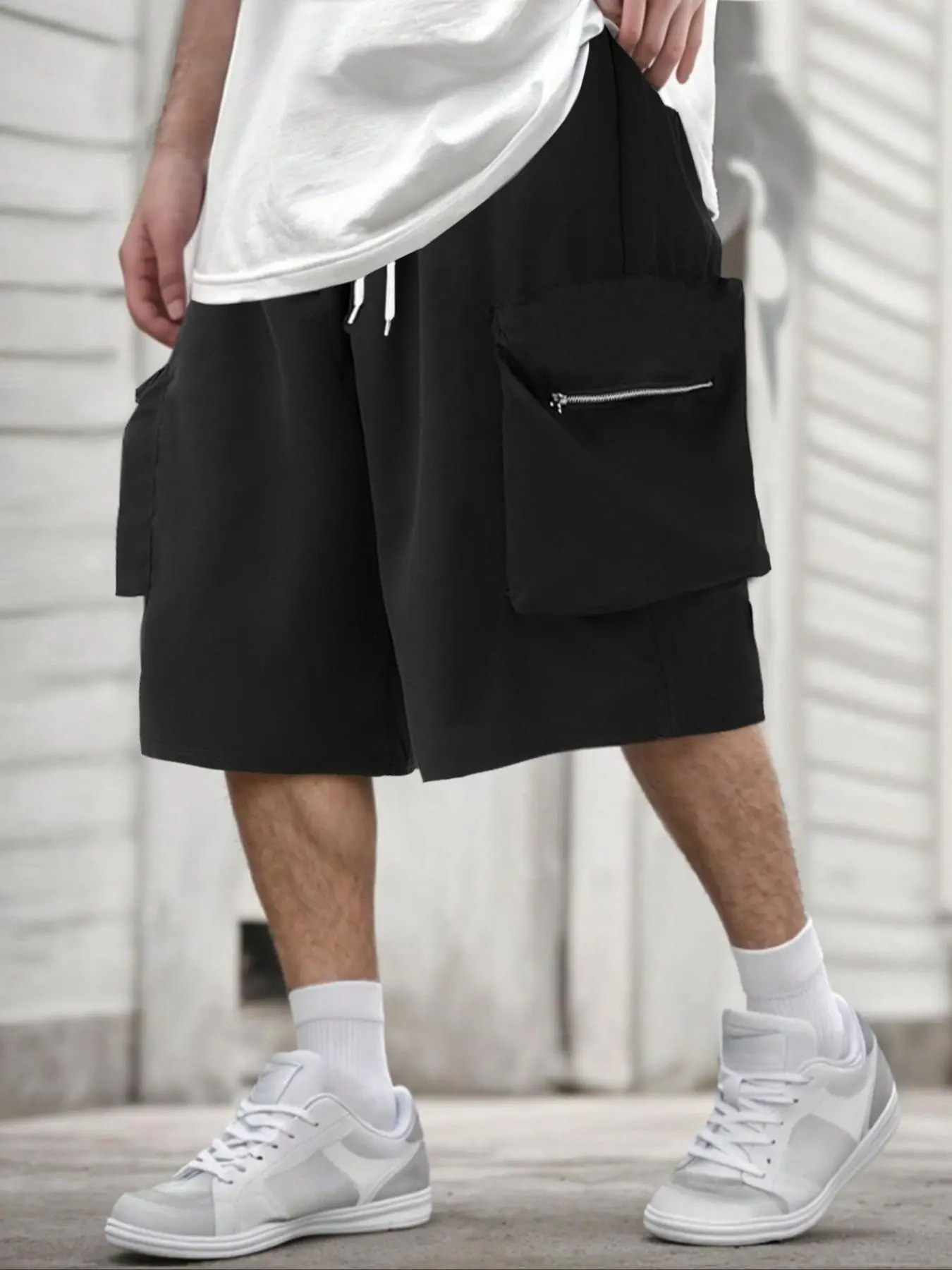 Men's Plus Size Solid Color Elastic Waist Drawstring Pocket cargo shorts, Comfortable Casual Fashion Design, Perfect Fit for Daily Wear