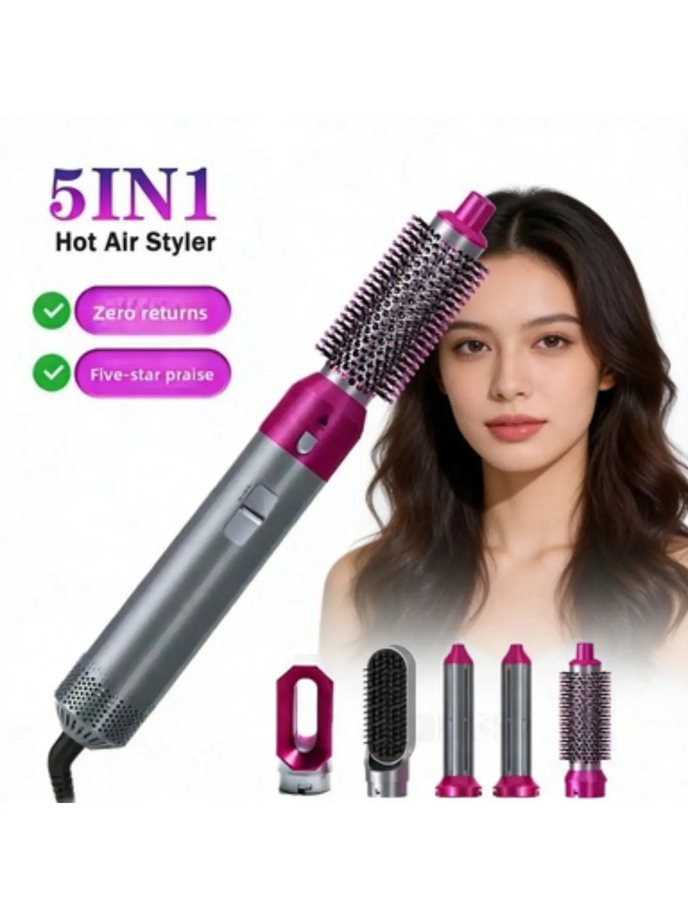 5IN1 Hot Air Styler & Hair Dryer - Upgraded Strong Suction Multi-Functional Tool with Hair Styling Capabilities, 30MM/40MM Straight/Curling Iron Attachments, Suitable for Men/Women, Family Travel & Makeup Use