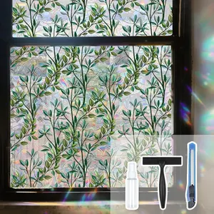 Leaf Stained Glass Window Film Static Cling with Tools - 17.5 x 78.7 Inch Non-Adhesive Privacy Decorative Rainbow Film for Windows, Doors, Sidelights - Easy Install & Remove