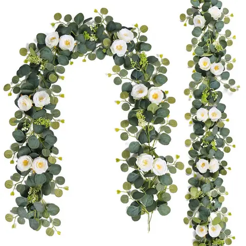 2 Pack Eucalyptus Flower Wreath Garland with Roses, 5.74 Feet Artificial Leaf Floral Vine Decor Artificial Flowers Decorative Florals for Party Wedding Table Indoor Outdoor Decoration