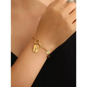 Streetwear Splicing! Smiley Good Luck Tag Bracelet, Unisex Cuban Chain Niche Jewelry