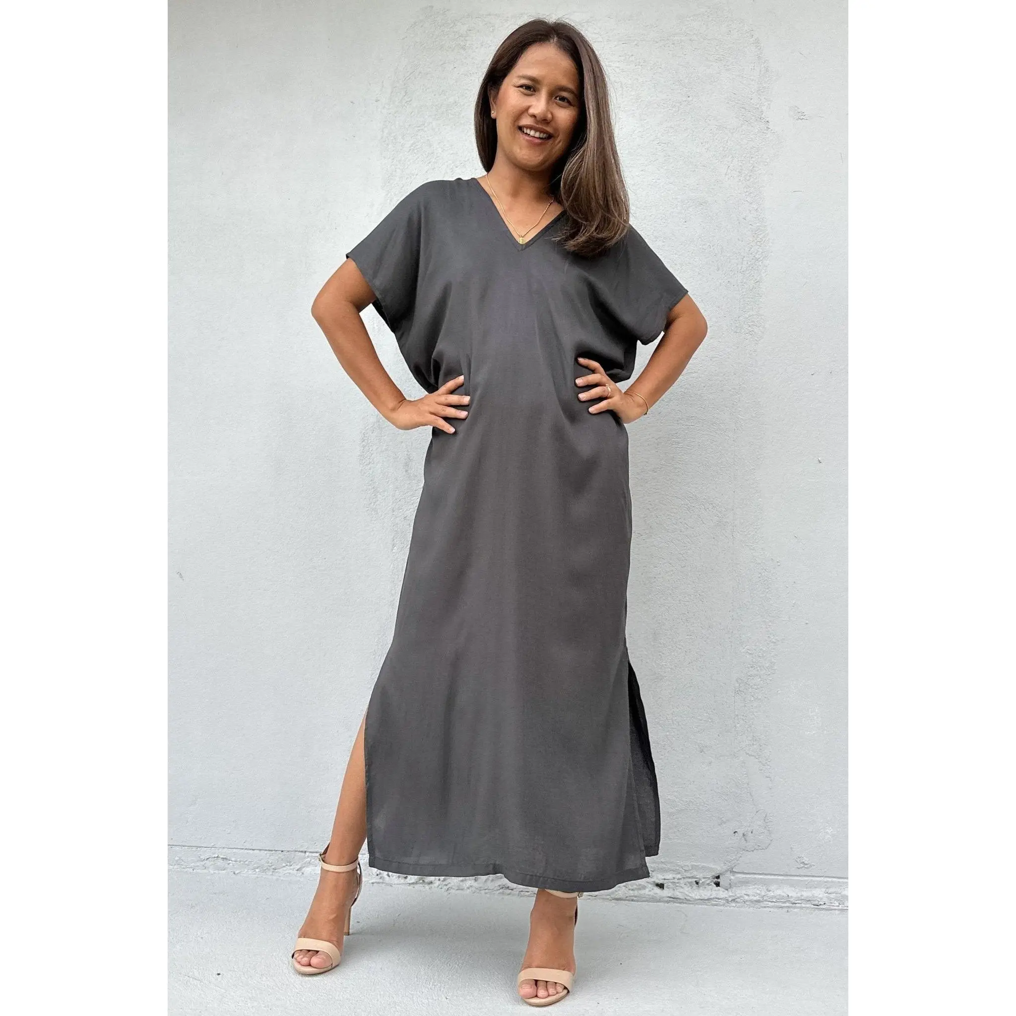 Solid Rayon Kaftan Dress for Petite Women, a Minimalist Casual Style with Smooth Draping for a Proportionate Look, 24" Width, Plain, Loose