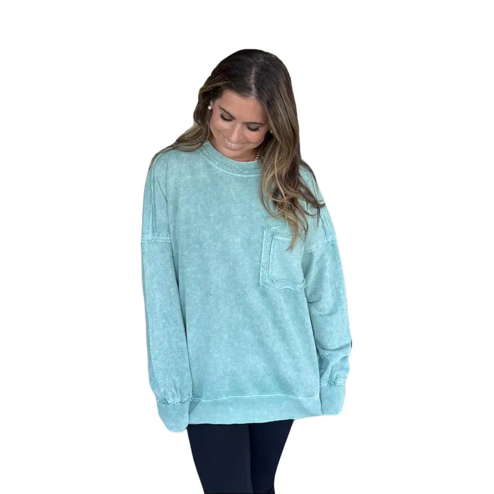 Zenana Women's Casual Acid Wash French Terry Pullover Top - Long Sleeve, Round Neck with Raw Edge and Front Pocket, Sweatshirts, Raw Hem, Clothes, Cotton, Longsleeves, Front Pockets