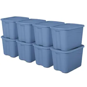 Sterilite Large Storage Bin, 18 Gallon Durable Plastic Storage Tote with Snap-on Lid, Light Blue, 8 Pack