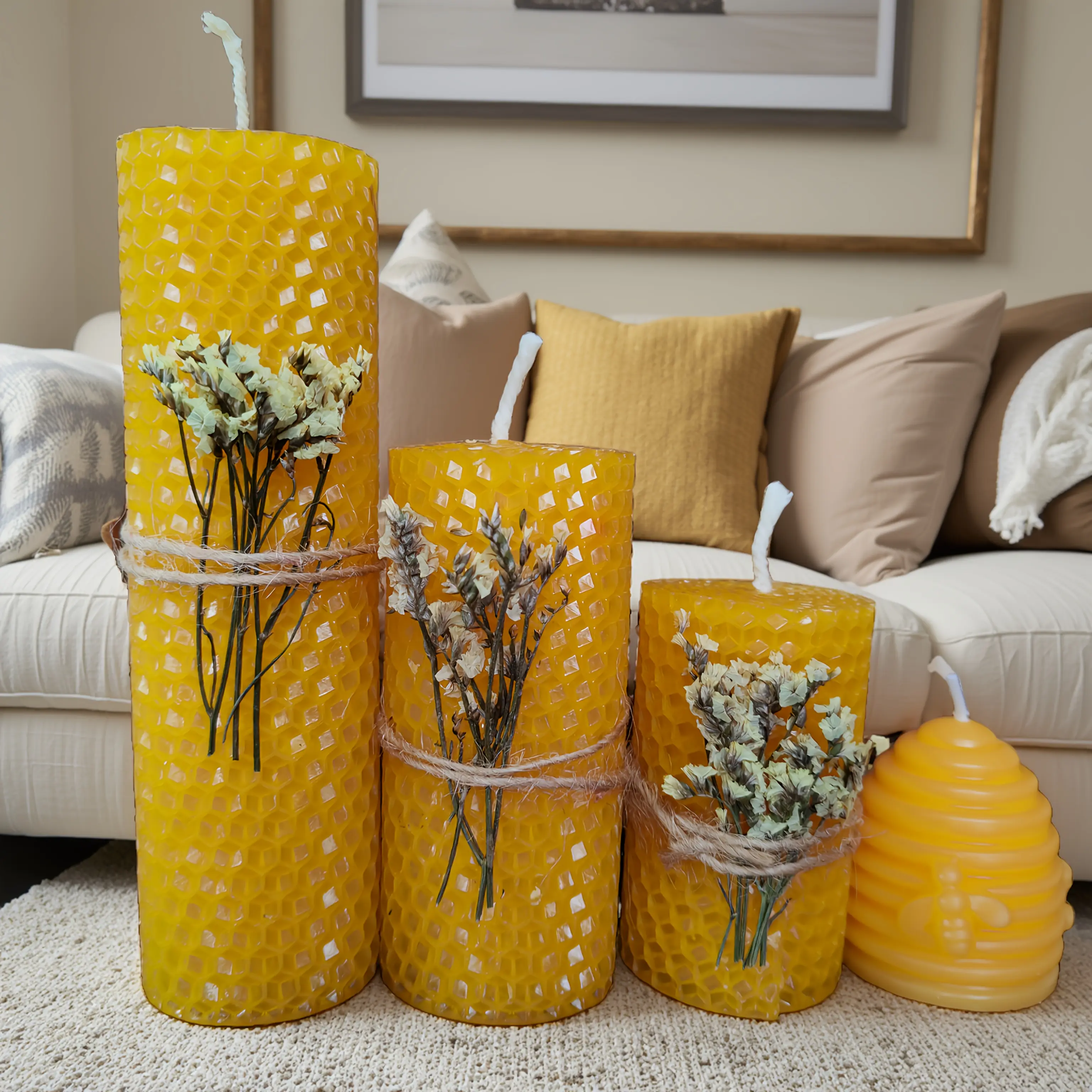 Natural Color Beeswax Candle Gift Set, 4 pieces, with dried flower decoration, embossed honeycomb texture, total burn time 48 hours, ambient lighting, home decor, commemorative gift, suitable for Halloween, Christmas, and Valentine's Day