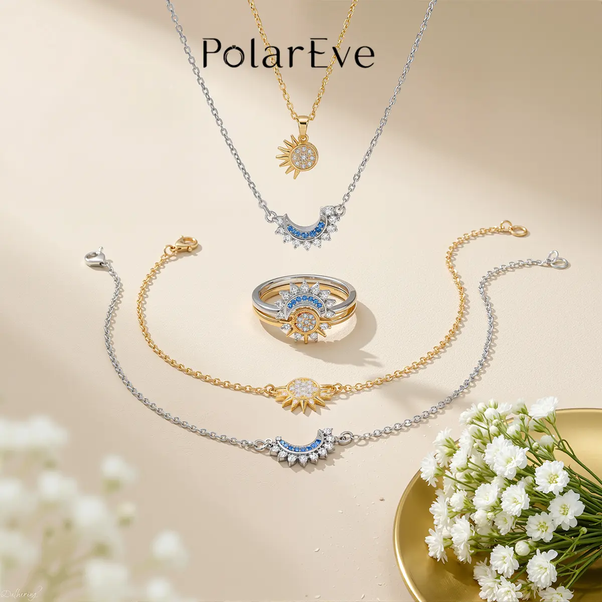 PolarEve Sun and Moon Jewelry Set, 3-Piece Romantic Costume Jewelry for Couples with Magnetic Necklace, Ring & Bracelet for Anniversary or Birthday, Everyday Wear, Special Moments, Holiday, Magnetic Necklaces, Romantic Touch, Sun-Moon, Easy Daily Wear, Ri