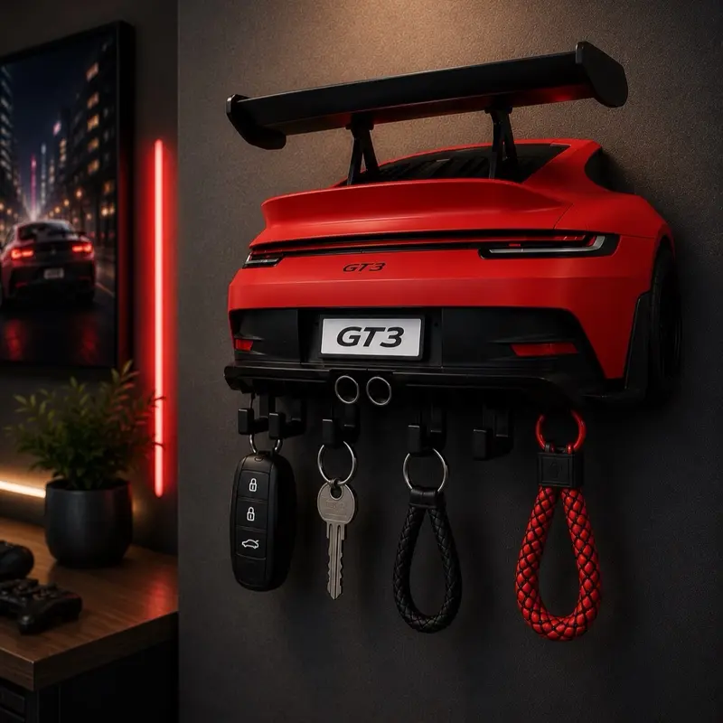 GT3 Style Car Wall Key Holder | 3D Printed Key Rack with 6 Hooks | Garage, Office & Home Decor
