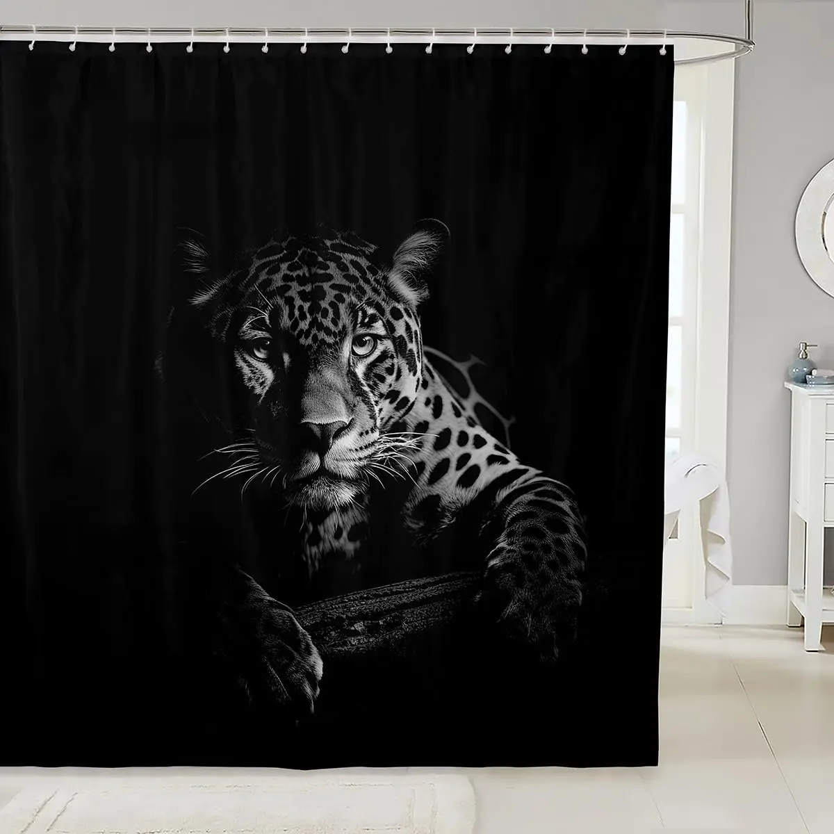 Feelyou Black Jaguar Waterproof Shower Curtain - Luxury Wildlife Theme Animal Decorative, Machine Washable Fabric Print Designer Print Curved Hook Bathroom Set, 72" W x 72" H, Animal Decorative Curtains, Machine Washable Curtains