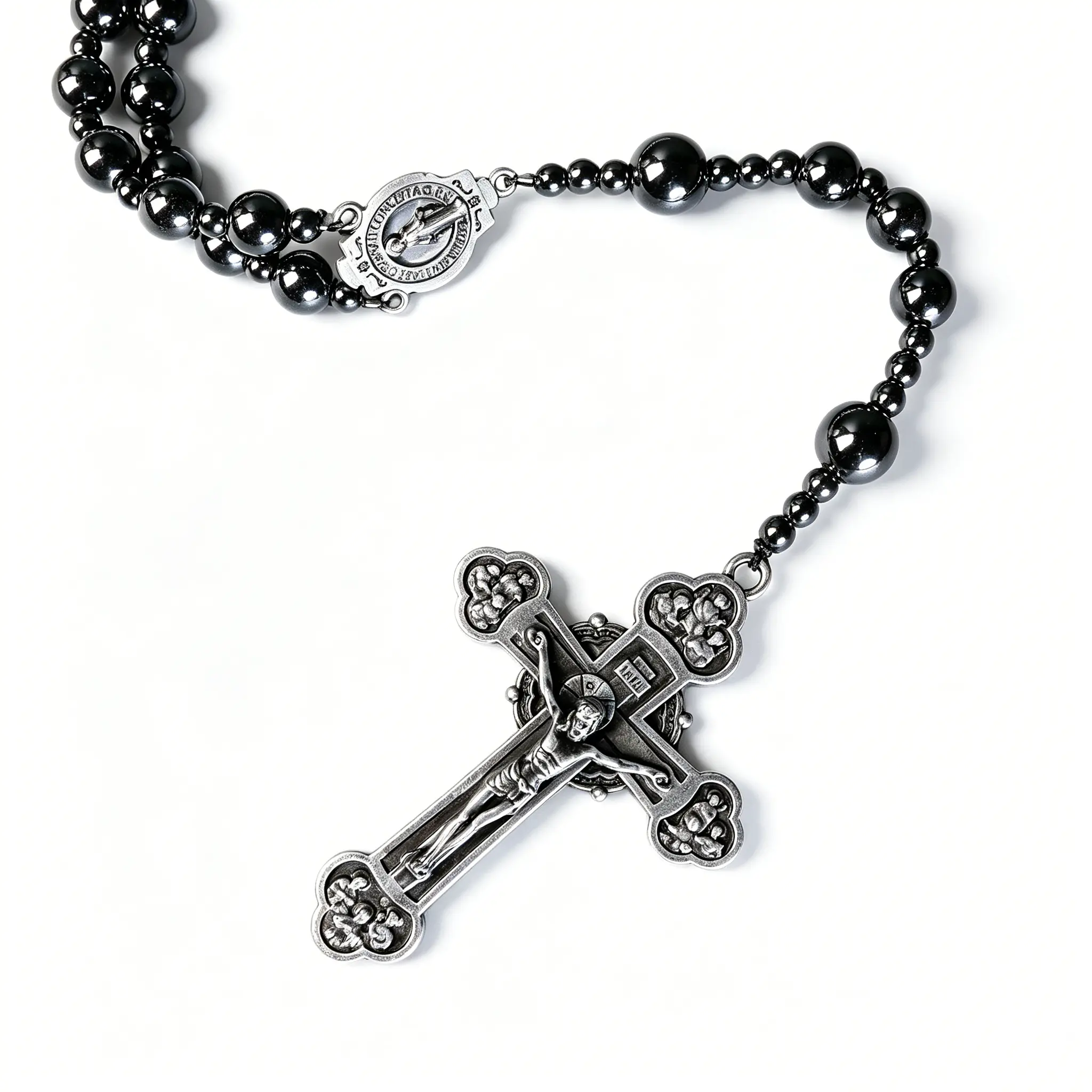 Black Hematite Rosary Beaded Pendant Necklace - 10mm Rose Flower Zinc Alloy Beads, Exquisite Jewelry Gift for Catholic Faith Necklace Seekers (Peace of Mind for First Communion, Baptism), 8Mm Rosary Beads