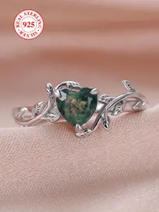 S925 Sterling Silver Heart Shaped Green Moss Agate Decor Ring, Fashion Jewelry for Party, Daily Clothing Decor, Trendy All-match & Exquisite Jewelry for Birthday Gift, Heart Design Ring