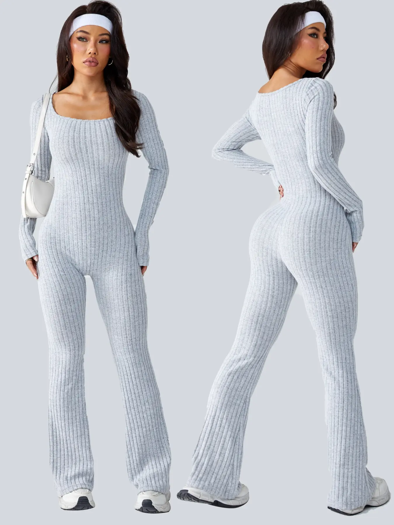 Seamless Knitted Fitness Yoga Jumpsuit for Women, U-Neck Long Sleeve, Slim Fit Short Leggings, Casual Fashion Clothing for All Seasons, Sporty Comfy Jumpsuit, Plain Jumpsuits