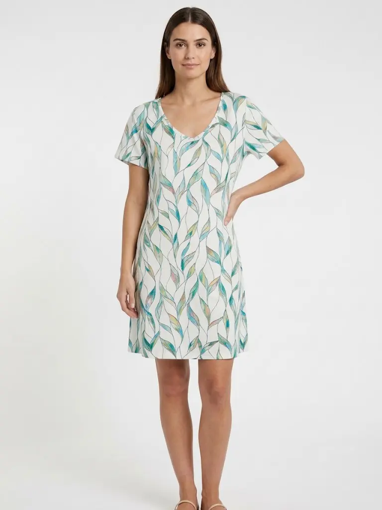 Women’s Bohemian leaf print V-neck short-sleeve dress, loose and comfortable flowy short beach dress, soft stretchy summer cover-up dress