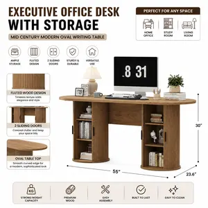 Executive Office Desk with Storage, Fluted Wood Computer Desk with 2 Sliding Doors, Mid Century Modern Oval Writing Table for Home Office, Study Room & Living Room