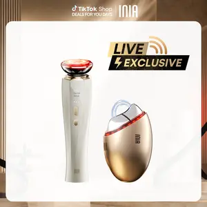 【LIVE EXCLUSIVE】INIA GLACE & FLARE Bundle – All-in-1 Face & Neck Sculpting Beauty Device for Lymphatic Drainage with Microcurrent Lifting, Lift, Tighten, De-Puff, Serum Infusion, Red & Blue Light, Thermal & Cryo Therapy, Buy 1 Get 4, Ideal Gift Set
