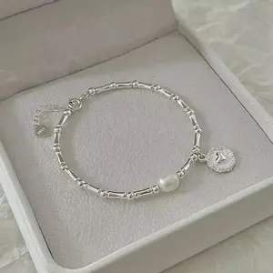 925 Sterling Silver Bamboo Bracelet Freshwater Pearl Heart Charm Dainty Beaded Bracelet for Women Everyday Jewelry