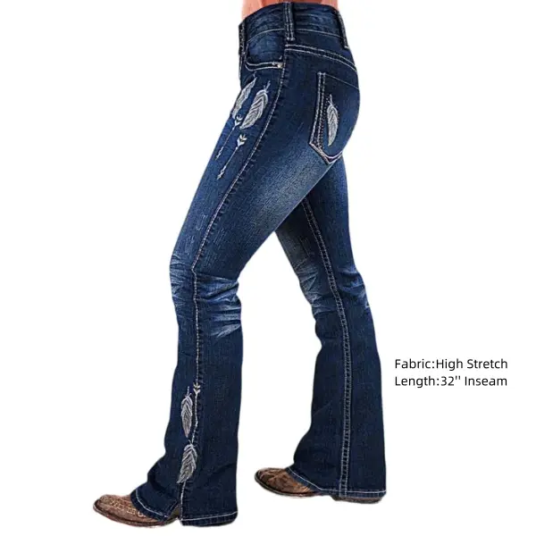 Flamingals Women's Stylish Casual Feather Embroidery Jeans, Mid-Waist Bootcut Denim Pants with Split Hem, Washed Finish Look, Basic All-Seasons Blue Bottoms