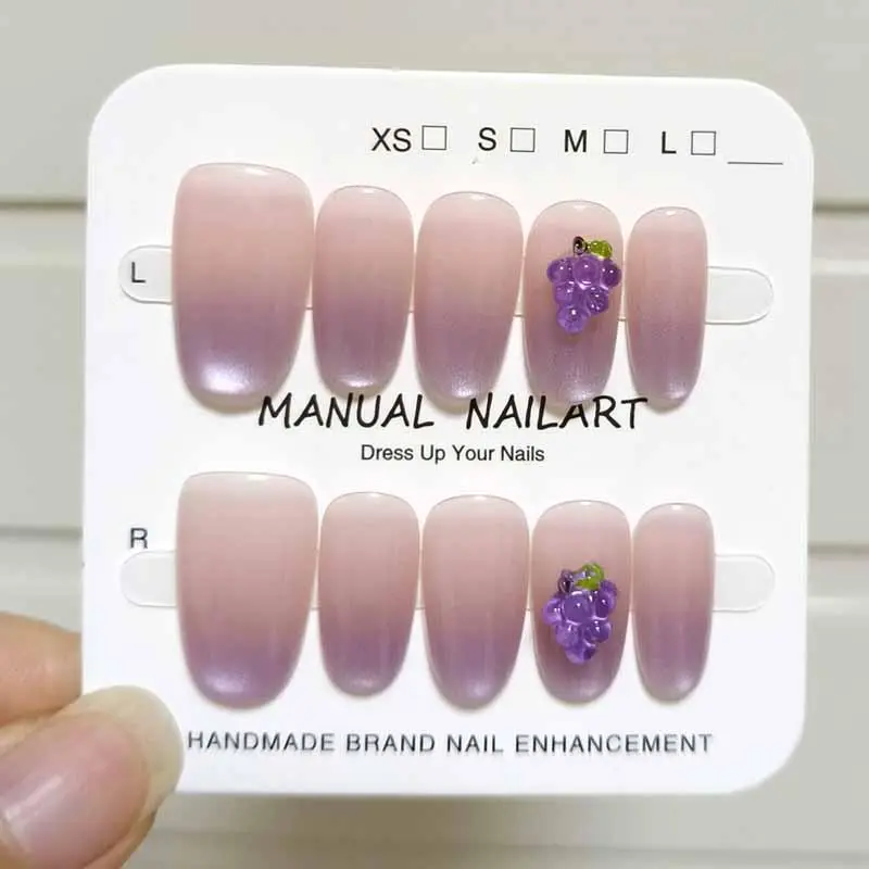 10Pcs Summer Girls Gradient Purple 3D Grape Short Ellipse Press on Nails Short Square Head Cute Fresh Lemon Fake Nails Nail Tips