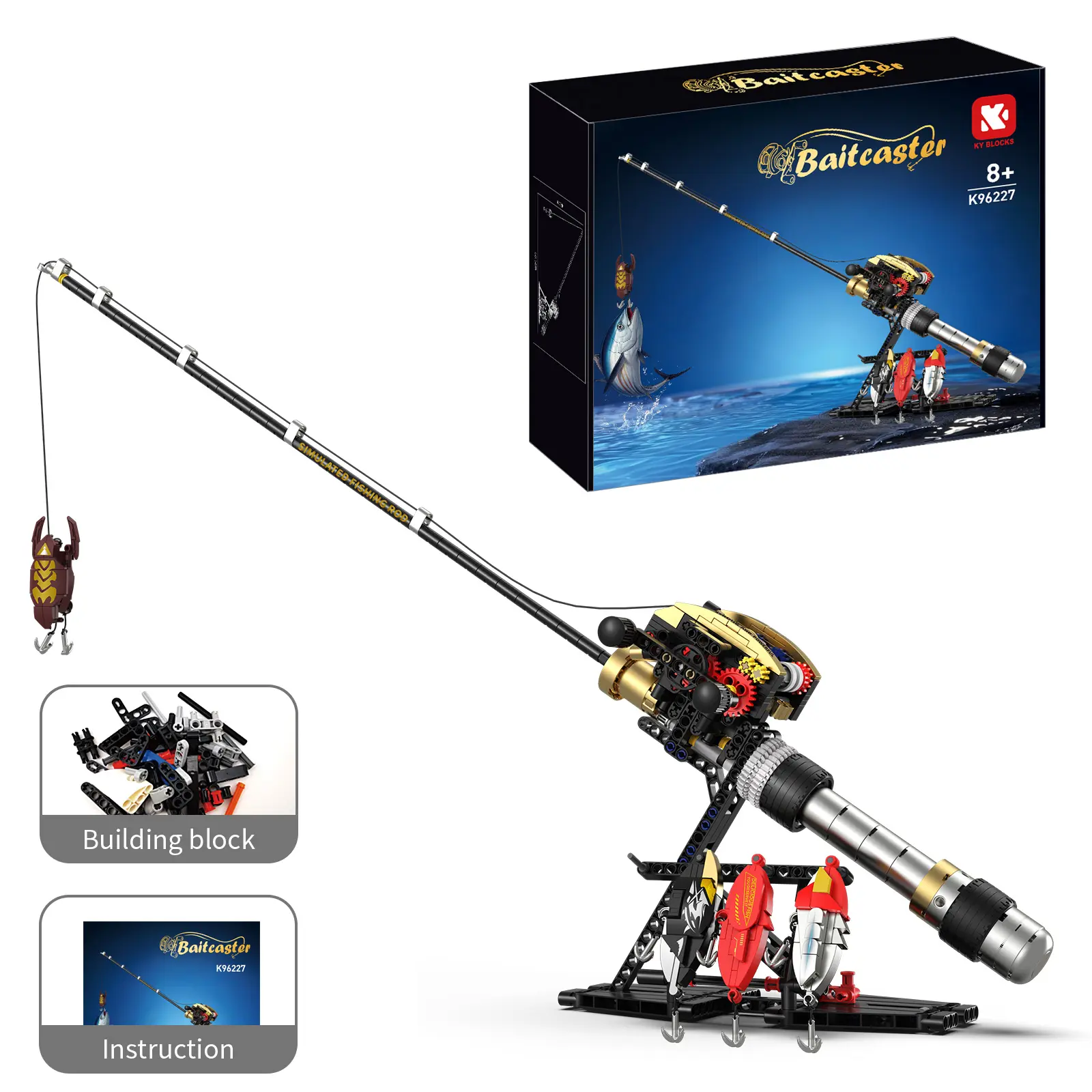 425-Piece Baitcasting Fishing Rod Building Block Set, Mechanical Reel Model Kit with 4 Bait Pieces, Realistic Gear Mechanism & Metal-Look Grip, STEM Assembly Toy Gift for Kids 8+ and Collectors