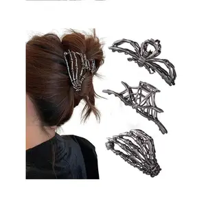 Women's 3PCS Durable Claw Clips Set - Black Gun Finish, Bold Casual Style, Unique Design Skull Print, Spider Web & Skeleton Hand, Hiphop Metal Large/Medium Sizes for Thick/Thin Hair, Female Hair Accessories for Women, Party Gift Styling Accessory