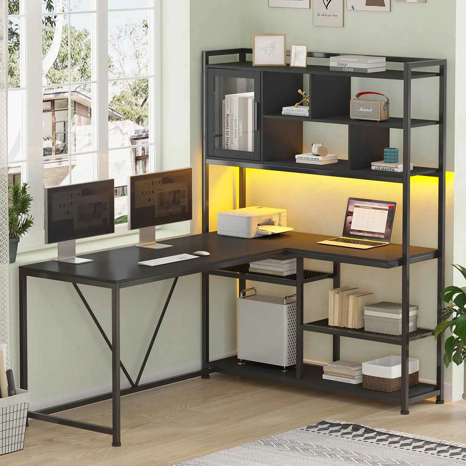 Sedeta 58 in Sturdy Wood Reversible L-Shaped Corner Computer Desk - Commercial Office Furniture with Keyboard, Printer, Laptop, Mouse Organizers, Multi-Storage, Wood & Metal Build, Assembly Required (L-Shape Desks & Workstations Compatible), Dual Monitor