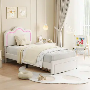 Twin Upholstered LED Bed Frame  shopping with Headboard, Faux Leather Princess Platform Bed Fram for Kids, Wooden Slats Support, No Box Spring Needed (Beige, Twin)