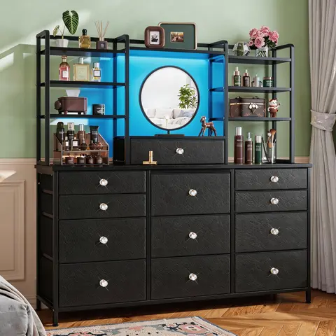 Raybee 12 Drawer LED Dresser for Bedroom, Stylish Fabric Chest with Open Shelves & Crystal Handles, Space-Saving Vanity Storage Organizer, Multi-Functional Furniture with Metal Frame & Wooden Shelf for Entryway, Closet, Living Room, Apartment, Dorm